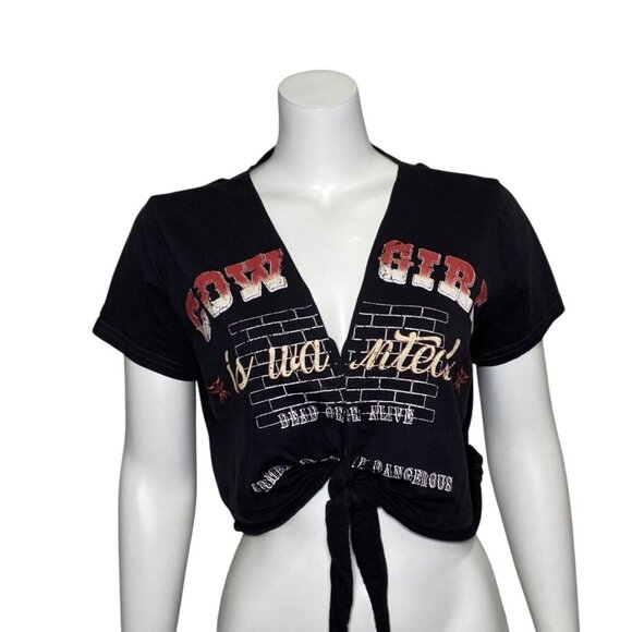 Adika Cowgirl is Wanted Dead or Alive Crop Tied T Shirt Womens Size XL V Neck - Picture 1 of 5